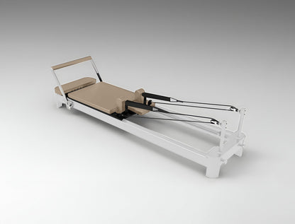 Mocha YR Envy Pilates Reformer with White Frame - Side View | Your Reformer