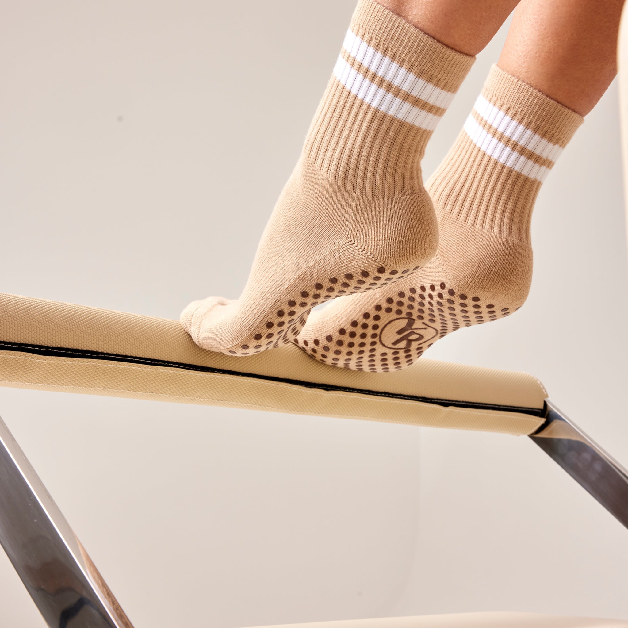Beige slip-on grip socks pilates reformer yoga barre trampoline